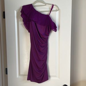 One shoulder cocktail dress with side ruching, gorgeous magenta color